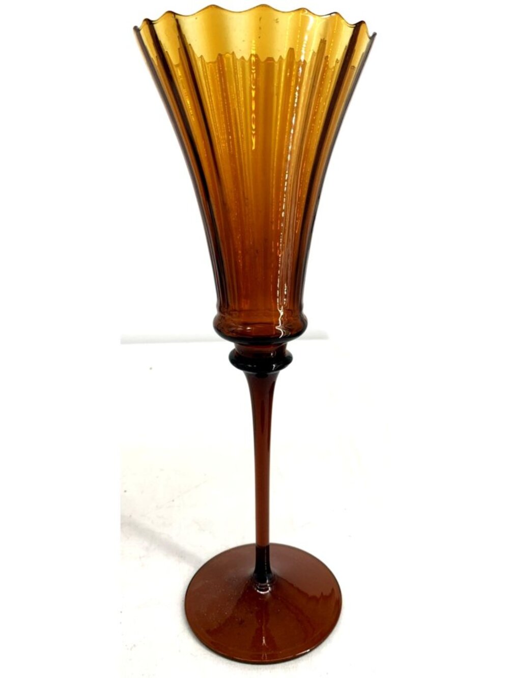 Empoli Italian Glass Amber Ribbed Stemmed Tall Vase 14" MCM